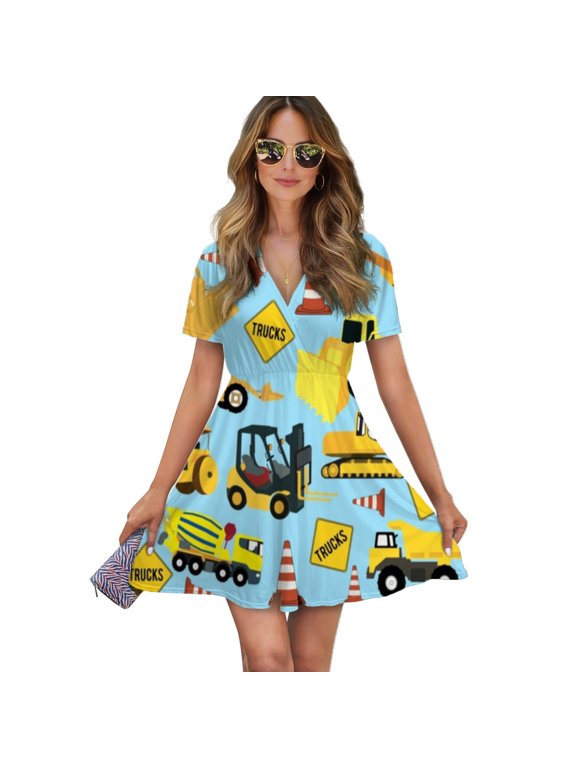 Construction Trucks Vehicles Pattern - Excavator Dump Truck Backhoe And More Women Dress V-Neck Short Sleeve Flowy Swing Party Midi Dress
