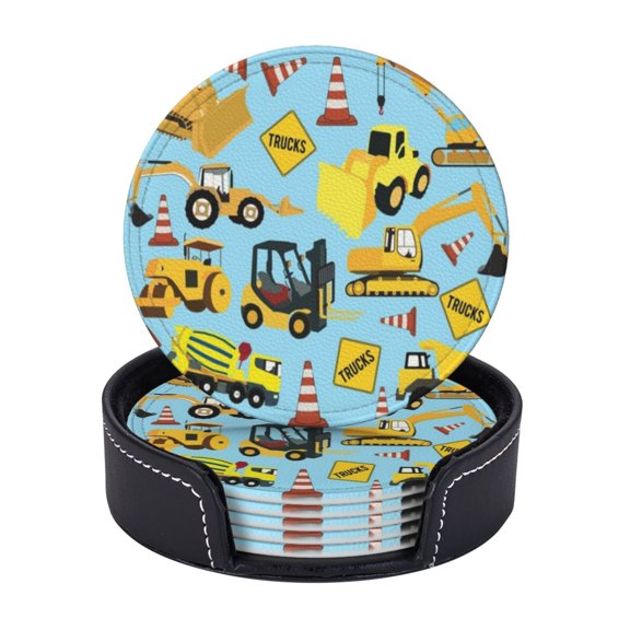Construction Trucks Vehicles Pattern - Excavator Dump Truck Backhoe And More Coasters With Leather Holder Set Of 6 Round Coasters for Home and Kitchen Decor