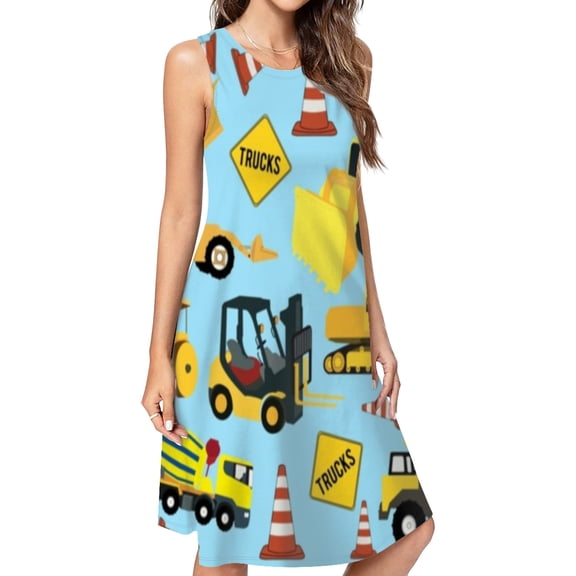 Construction Trucks Vehicles Pattern - Excavator Dump Truck Backhoe And More Dress Elegant Party Dresses Evening Dresses Women Dress Sleeveless Dress Ladies Dresses