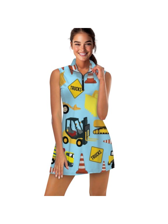 Construction Trucks Vehicles Pattern - Excavator Dump Truck Backhoe and more Sports Dresses Women Tennis Dress Outdoor Badminton Golf Quick-Drying And Breathable Sports Dress