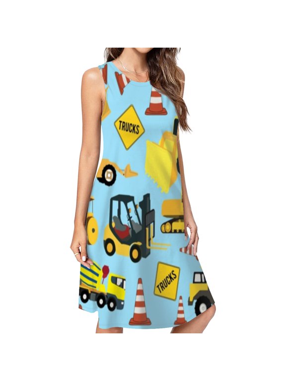 Construction Trucks Vehicles Pattern - Excavator Dump Truck Backhoe And More Spring Summer Dresses For Women Fashion Dress Casual Sleeveless Loose Sundress With Pockets