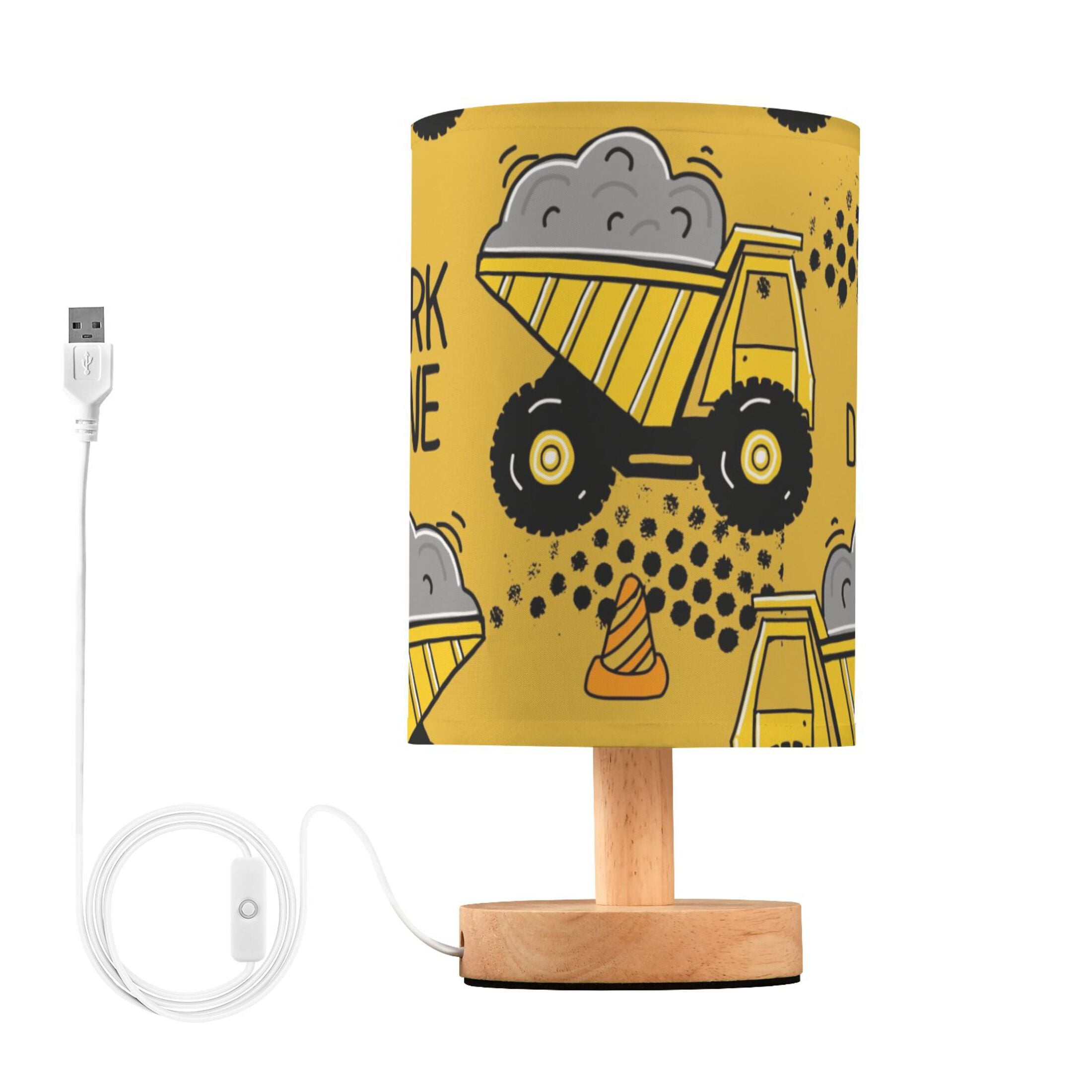 Construction Trucks Yellow Bedside Table Lamp LED Warm Lights with USB