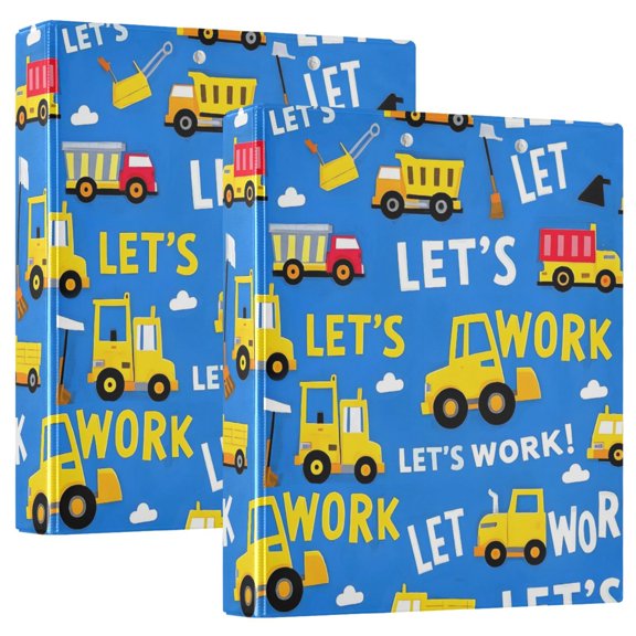 Construction Trucks and Clouds Hardcover 3 Ring Binder 1.5” Round Rings Letter Size Paper Pockets for School Office Supplies 2 Pack
