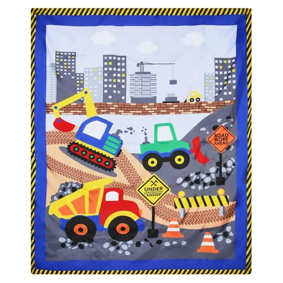 Construction Twin/Full Size Bed Comforter for Young Boys with Dump Trucks and Bulldozers; Toddler Boy Bedding for Building Decor; All Season Orange, Yellow and Blue Comforter
