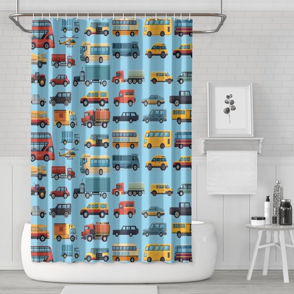 Construction Vehicle Bathroom Shower Curtain with Cartoon Truck Tractor Fire Truck and Excavator Prints Waterproof Fabric with Hooks Machine Washable Perfect for Kids Dorms and Rental Bathrooms