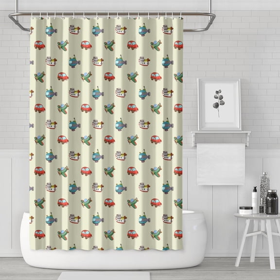 Construction Vehicle Bathroom Shower Curtain with Cartoon Truck Tractor Fire Truck and Excavator Prints Waterproof Fabric with Hooks Machine Washable Perfect for Kids Dorms and Rental Bathrooms