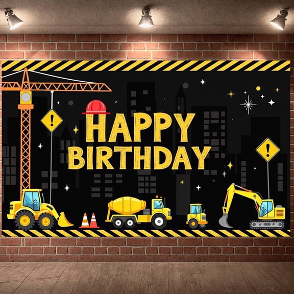 Construction Vehicle Construction Birthday Banner Crane Design Happy Birthday Display Excavator Safety Helmet Motif Construction Party Backdrop for Kids Birthday Party Construction Theme