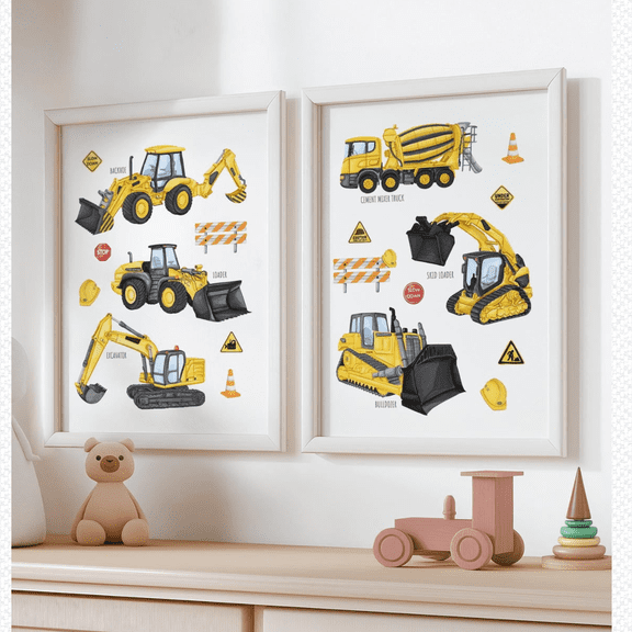 Construction Vehicle Digger Bulldozer Boy Room Transport Poster Set 2 Prints Set 2 , Stretched Canvas