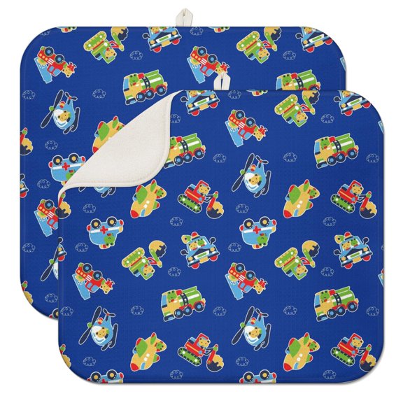 Construction Vehicle and Fire Truck Coffee Mat – Durable Microfiber Spill Mat Featuring Tractor and Cartoon Car Graphics, Fast Drying Dish Drying Pad for