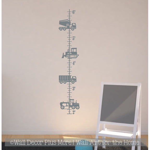 Construction Vehicle Growth Chart Vinyl Wall Art for Kids - Boys Growth Chart Decal Sticker for Wall - Height Ruler Wall Sticker for Boys Bedroom Decoration, Storm Gray