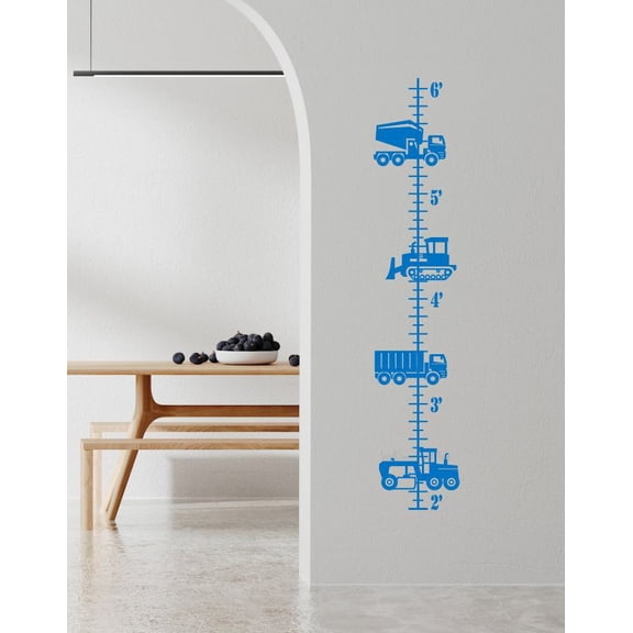 Construction Vehicle Growth Chart Vinyl Wall Art for Kids - Boys Growth Chart Decal Sticker for Wall - Height Ruler Wall Sticker for Boys Bedroom Decoration, Traffic Blue