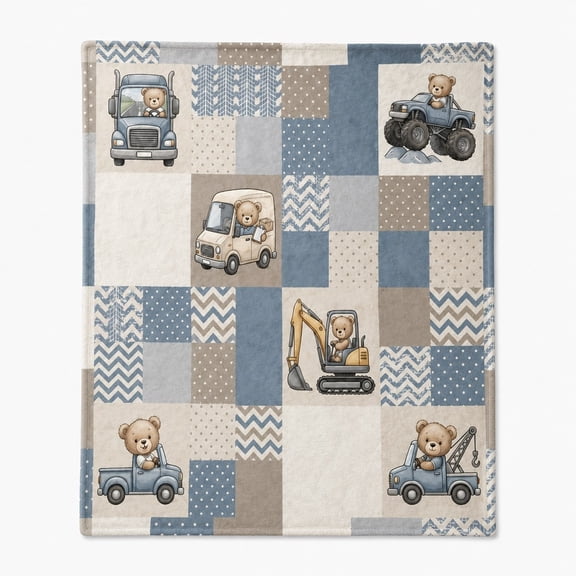 Construction Vehicle Patchwork Fleece Blanket, Soft Polyester Throw
