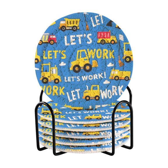 Construction Vehicle Pattern Bar Coasters 6 Pack Braided Coasters with Holder Absorbent Heat Resistant