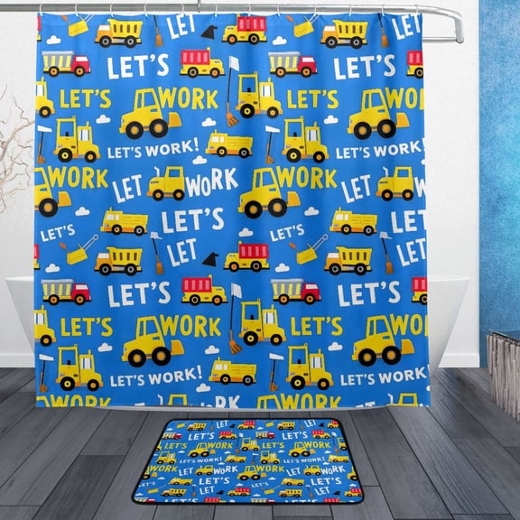 Construction Vehicle Pattern Bathroom Accessory Sets Waterproof Shower Curtain with Absorbent Non-Slip Rug