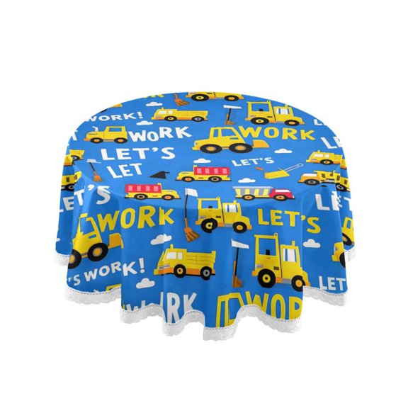 Construction Vehicle Pattern Round Lace Tablecloth 60 Inch Polyester Wrinkle Resistant Decorative