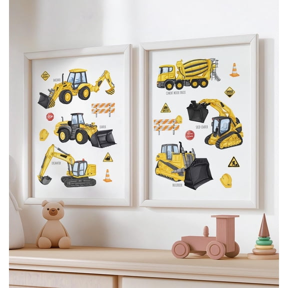 Construction Vehicle Posters Construction Boy'S Room Wall Art Digger Bulldozer 08A Prints Set 2