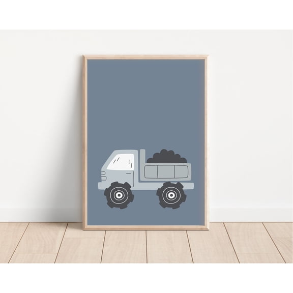 Construction Vehicle Print Boy Truck Blue Nursery Playroom Unframed Paper Print