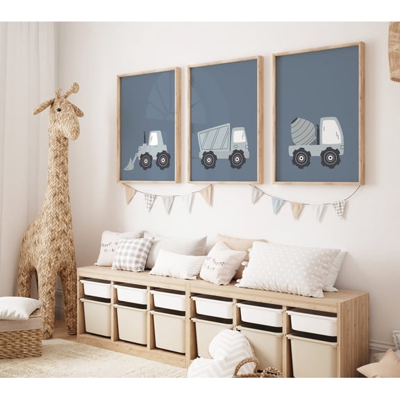 Construction Vehicle Print Boys Room Wall Art Set 3 Stretched Canvas 8x12