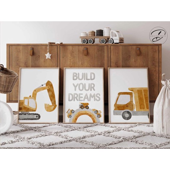 Construction Vehicle Prints Set of 3, Truck Wall Art, Build Your Dreams Posters, Playroom Decor