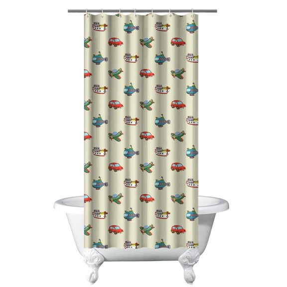 Construction Vehicle Shower Curtain for Kids Bathroom, Cartoon Car Truck Tractor Excavator Fire Truck Design, Waterproof Fabric with Hooks, Fun Playful Style for Boys or Young Renters