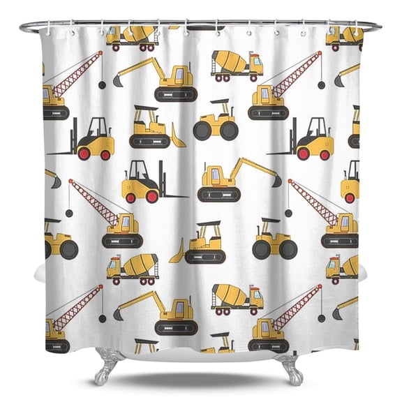 Construction Vehicle Shower Curtain - Waterproof Quick-Dry Bathroom Drape Featuring Tractor, Fire Truck & Excavator Prints, 84x72 Inches, Rust-Resistant Grommets, Hotel Style