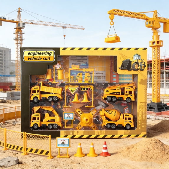 Construction Vehicle Toy Set with Road Signs and Accessories, 5-Piece Engineering Car Collection for Imaginative Play and Learning, Durable Plastic Vehicle Models for Indoor and Outdoor Use