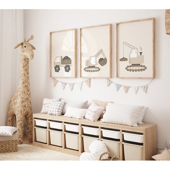 Construction Vehicle Truck Digger Wall Art Playroom Decor Set 3 Stretched Canvas 8x12