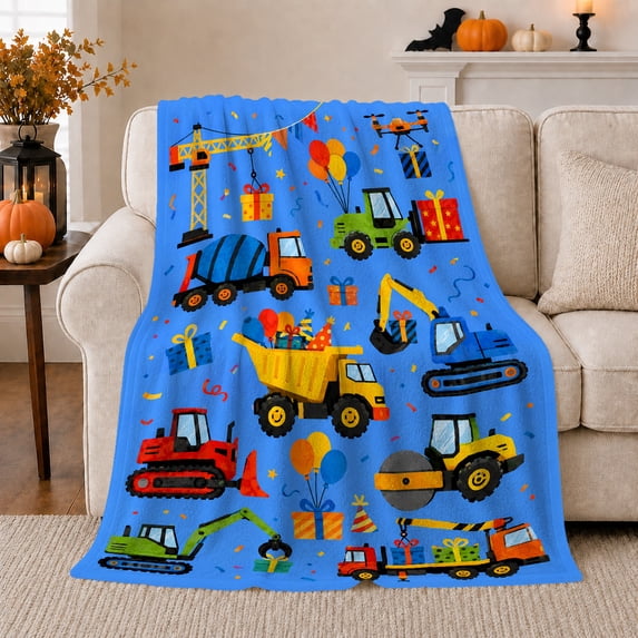 Construction Vehicles with Balloons and Presents, Festive Cartoon Style for Kids, Party Truck Crane Pattern, Cozy Flannel Blanket for Playroom and Bedroom, Birthday Gift and Truck Home Decor