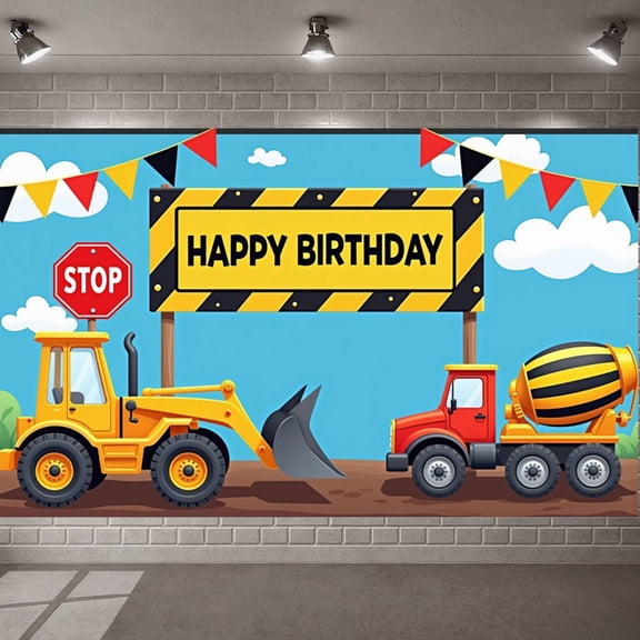 Construction Vehicles Banner Traffic Signs Truck Theme Display Yellow Black Stripes Text Vehicle Backdrop for Kids Birthday Party Construction Themed Party Toddler Celebration
