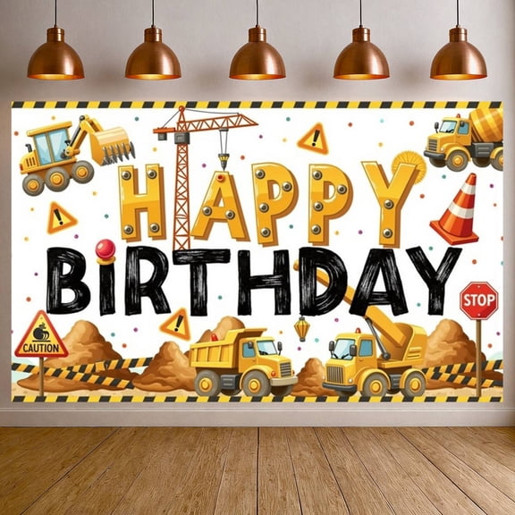 Construction Vehicles Banner Yellow Theme Truck Theme Backdrop Traffic Cones Warning Signs Construction Site Display for Birthday Party Boy's Birthday Kids Party