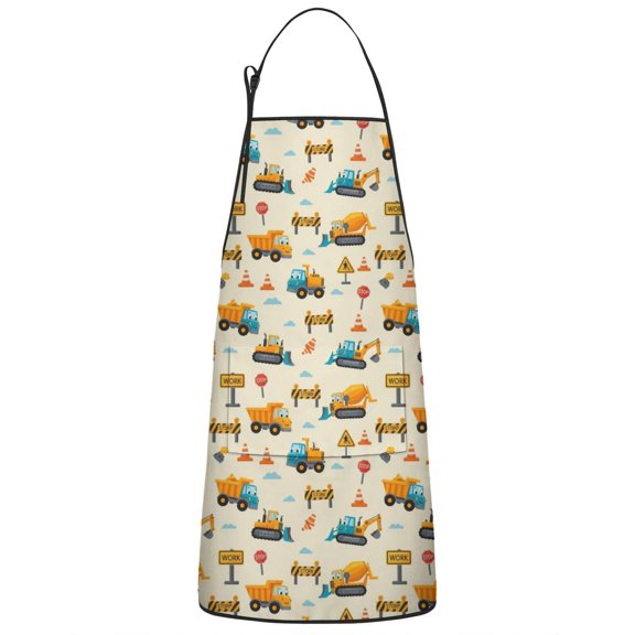 Construction Vehicles Barriers Beige Apron-Garden Aprons for Women with Pockets-Cotton Linen Waterproof Kitchen Cooking Gardening Aprons Adjustable for Kitchen,Cooking,BBQ and Salon 33x27 Inch