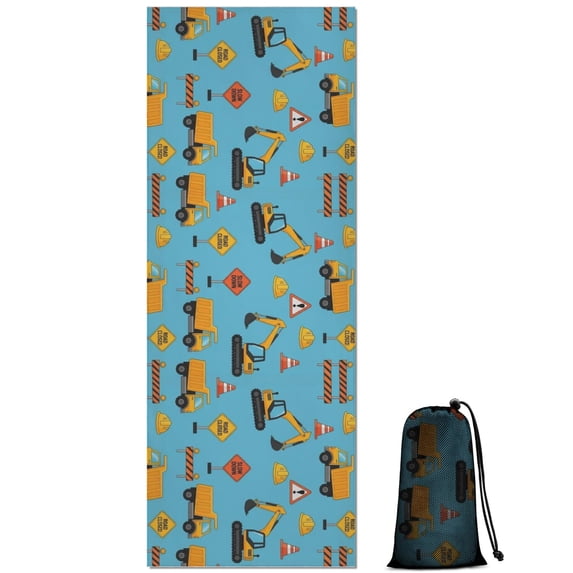 Construction Vehicles Barriers Light Blue Pattern Hot Yoga Mat Towel Non Slip for Hot Yoga - Quick-Drying Yoga Mat Cover with 4 Corner Pockets with Travel Bag - Hot Yoga Towel Non Slip 74"x26"