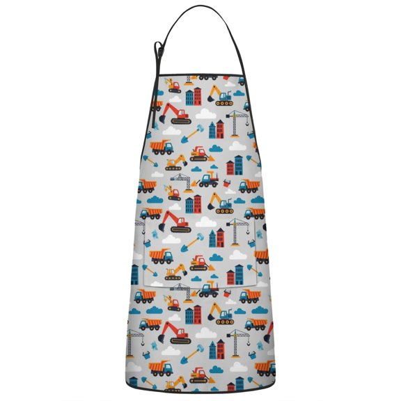Construction Vehicles Buildings Gray Apron-Garden Aprons for Women with Pockets-Cotton Linen Waterproof Kitchen Cooking Gardening Aprons Adjustable for Kitchen,Cooking,BBQ and Salon 33x27 Inch