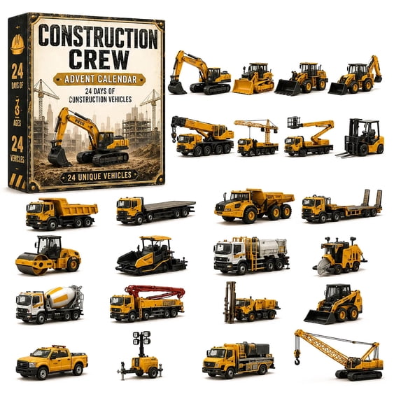 Construction Vehicles Fleet Advent Calendar 2026, 24 Days 2D Flat Acrylic Construction Vehicle Ornaments, Christmas Countdown Gift Box for Xmas Tree Decoration, Christmas Stocking Stuffers