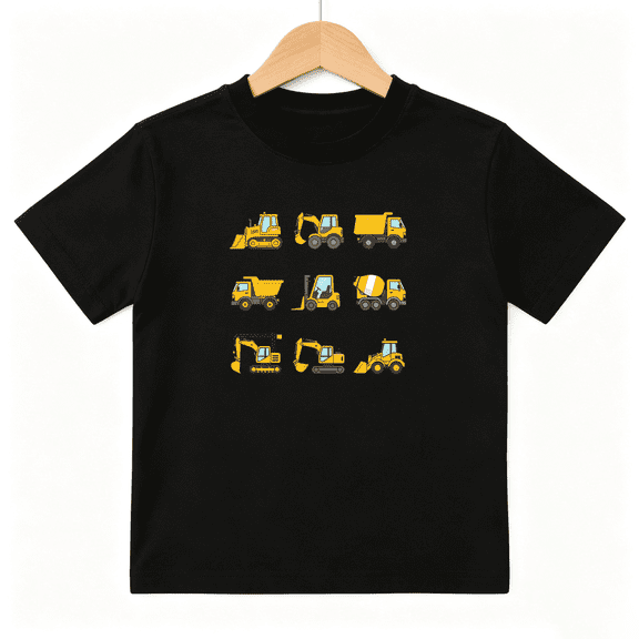 Construction Vehicles Pattern Boys Graphic Tee, Cool Yellow Trucks 100% Cotton Kids Short Sleeve T-Shirt 4-13Y