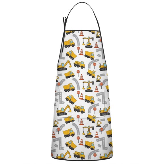 Construction Vehicles Road Cones White Apron-Garden Aprons for Women with Pockets-Cotton Linen Waterproof Kitchen Cooking Gardening Aprons Adjustable for Kitchen,Cooking,BBQ and Salon 33x27 Inch