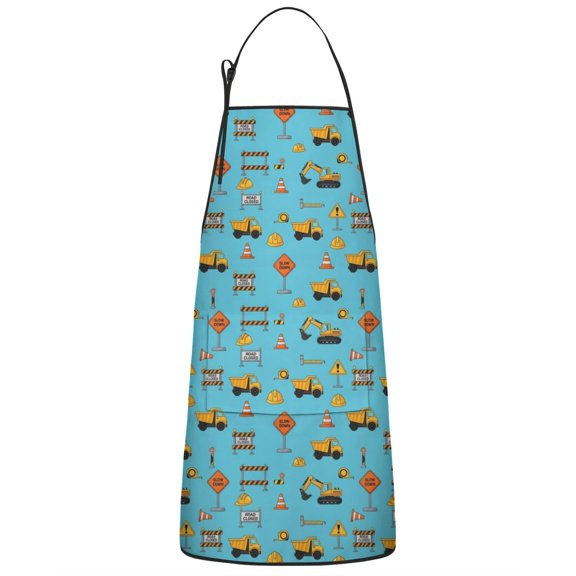 Construction Vehicles Signs Light Blue Apron-Garden Aprons for Women with Pockets-Cotton Linen Waterproof Kitchen Cooking Gardening Aprons Adjustable for Kitchen,Cooking,BBQ and Salon 33x27 Inch