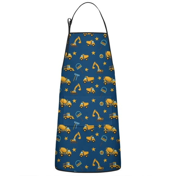 Construction Vehicles Stars Dark Blue Apron-Garden Aprons for Women with Pockets-Cotton Linen Waterproof Kitchen Cooking Gardening Aprons Adjustable for Kitchen,Cooking,BBQ and Salon 33x27 Inch