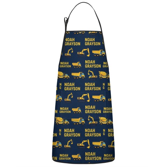 Construction Vehicles Text Dark Blue Apron-Garden Aprons for Women with Pockets-Cotton Linen Waterproof Kitchen Cooking Gardening Aprons Adjustable for Kitchen,Cooking,BBQ and Salon 33x27 Inch