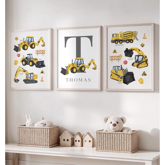 Construction Wall Art Set of 3, Boys Room Vehicle Posters, Digger Printable Decor