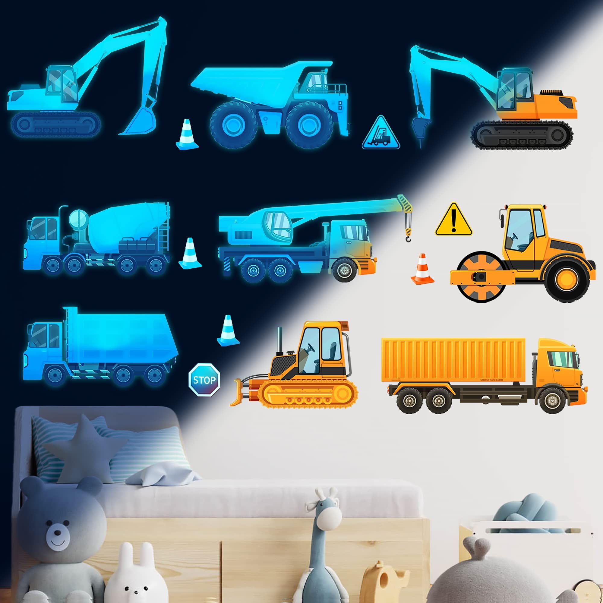 Neasyth Construction Vehicles Wall Decals Glow in The Dark Truck Car Decals Bulldozer Digger Stickers for Kids Bedroom