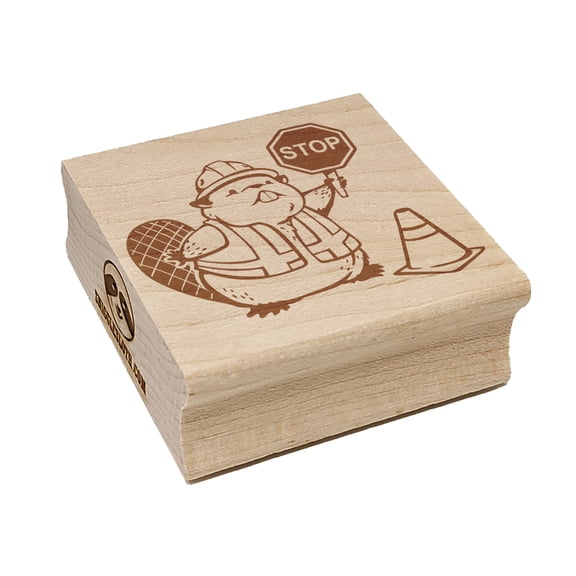 Construction Worker Beaver Builder with Stop Sign Square Rubber Stamp Stamping Scrapbooking Crafting - Medium 1.75in