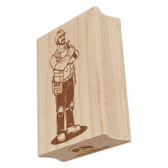 Construction Worker Builder Man With Hammer Rectangle Rubber Stamp Stamping Scrapbooking Crafting - Small 1.7in