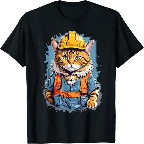 Construction Worker Cat Graphic Design T-Shirt
