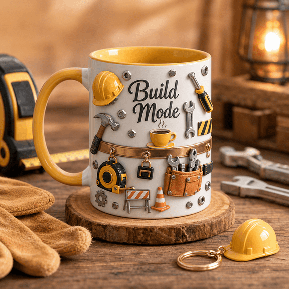 Construction Worker Mug with Hard Hat & Work Tools, Coffee Cup Gift for Builders