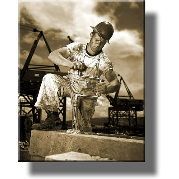 Construction Worker Picture on Stretched Canvas, Wall Art Dcor, Ready to Hang!