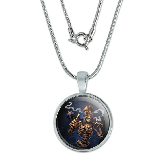 Construction Worker Sledgehammer Smoking Skeleton 0.75" Pendant with Sterling Silver Plated Chain