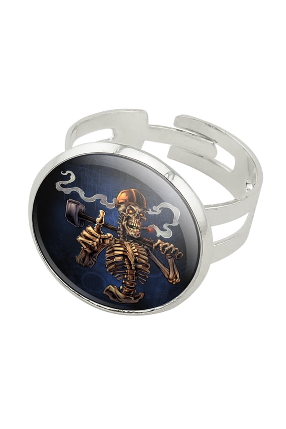 Construction Worker Sledgehammer Smoking Skeleton Silver Plated Adjustable Novelty Ring