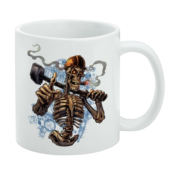 Construction Worker Sledgehammer Smoking Skeleton White Mug