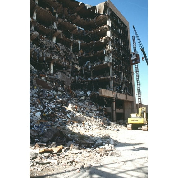 Construction Workers Erect An External Elevator On The Ruins After The Bombing Alfred P. Murrah Federal Building